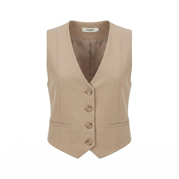 Sstore Gilet Please Sartoriale Donna Corto con Bottoni e Tasche a Filetto - Beige - foto 1