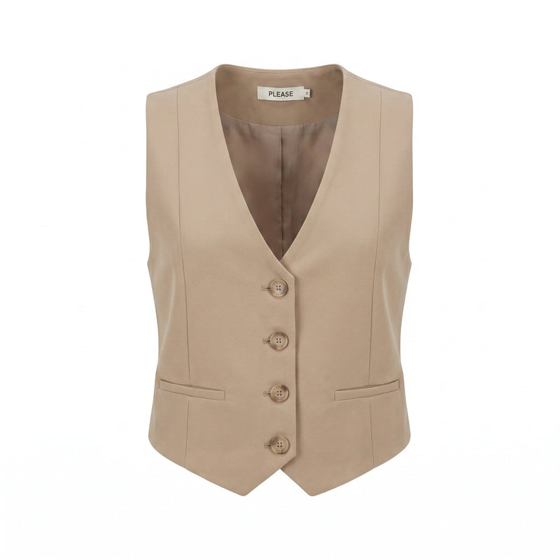 Sstore Gilet Please Sartoriale Donna Corto con Bottoni e Tasche a Filetto - Beige - foto 1