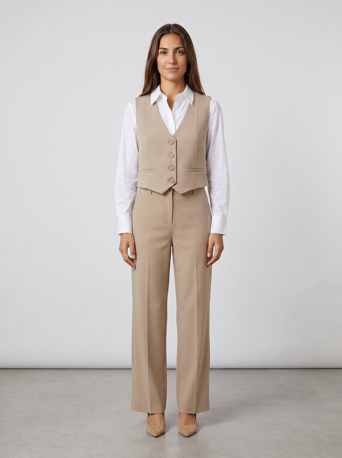 Sstore Gilet Please Sartoriale Donna Corto con Bottoni e Tasche a Filetto - Beige - foto 3