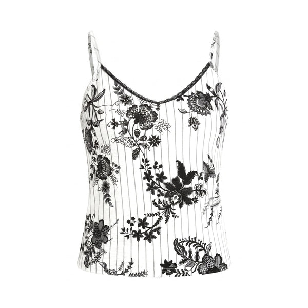 Sstore Top a Canotta Please con Spalline Sottili Stampa Floreale e Dettaglio in Pizzo - Panna/Grigio - foto 1
