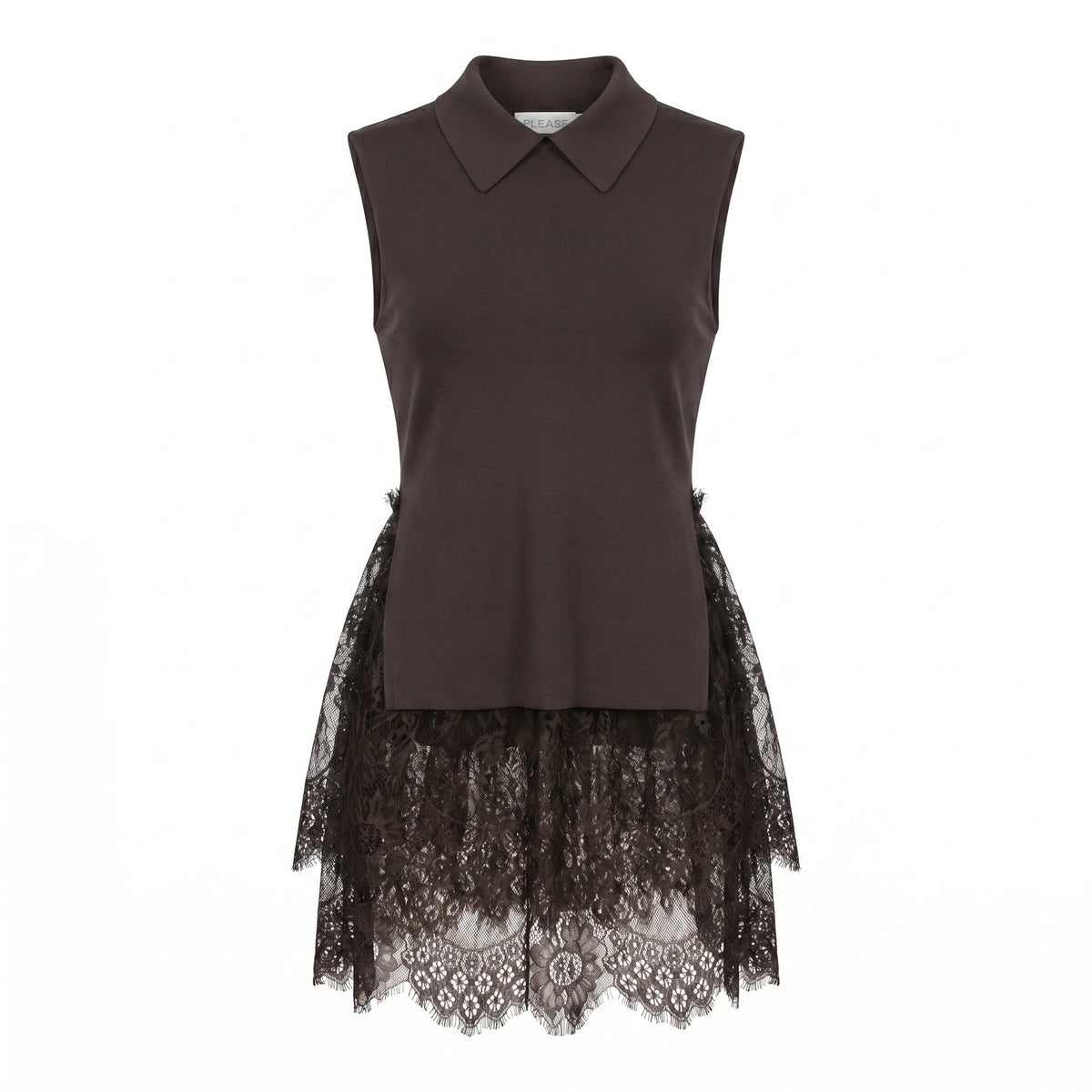 Sstore Top Please Smanicato in Maglia con Fondo in Pizzo e Colletto - Marrone - foto 1