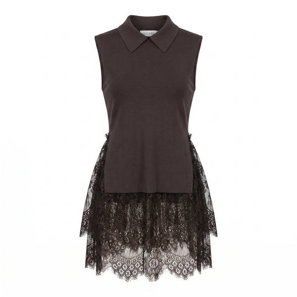 Sstore Top Please Smanicato in Maglia con Fondo in Pizzo e Colletto - Marrone - foto 1