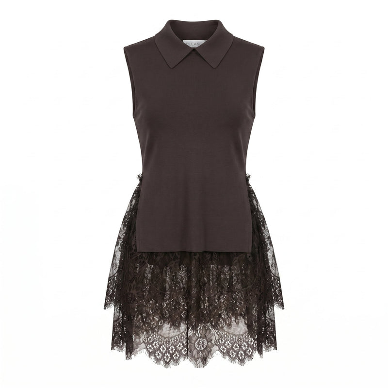 Sstore Top Please Smanicato in Maglia con Fondo in Pizzo e Colletto - Marrone - foto 1