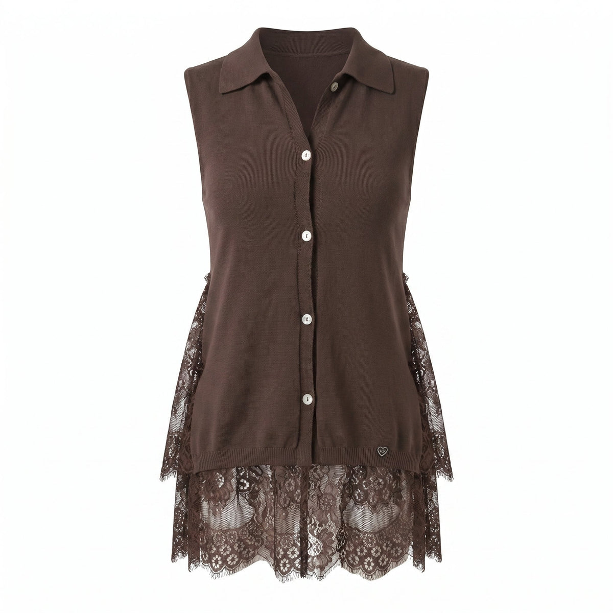 Sstore Top Please Smanicato in Maglia con Fondo in Pizzo e Colletto - Marrone - foto 2