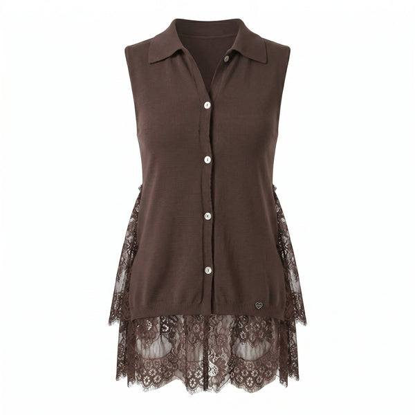 Sstore Top Please Smanicato in Maglia con Fondo in Pizzo e Colletto - Marrone - foto 2