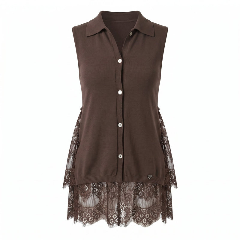 Sstore Top Please Smanicato in Maglia con Fondo in Pizzo e Colletto - Marrone - foto 2