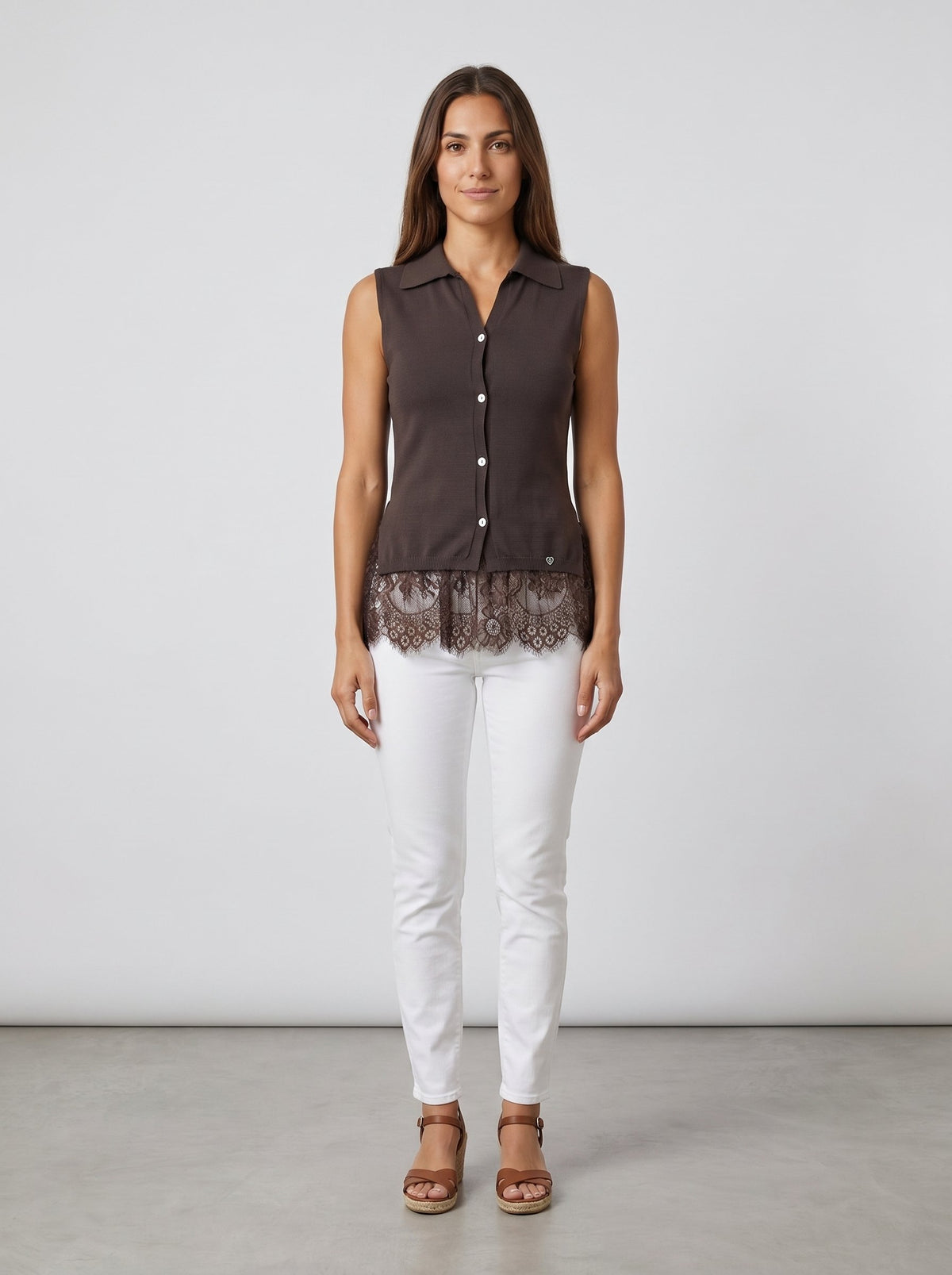 Sstore Top Please Smanicato in Maglia con Fondo in Pizzo e Colletto - Marrone - foto 3