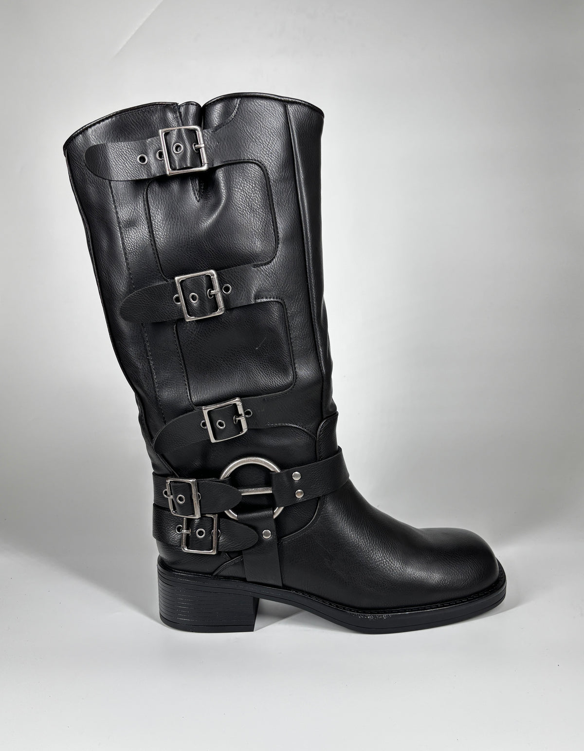 Stivali Biker Alti 'Rebel' con Fibbie Multiple in Similpelle - Nero