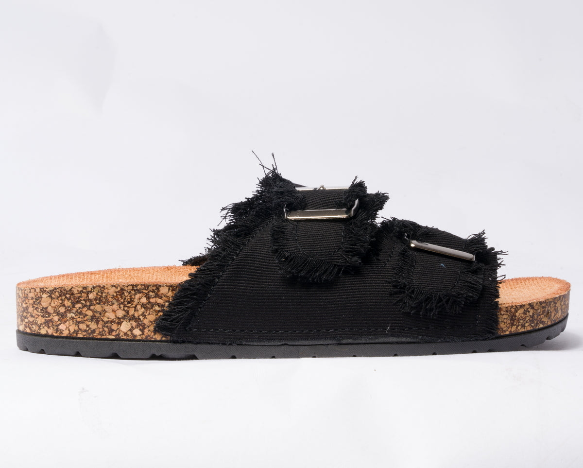 Sandalo con doppia fibbia regolabile in tessuto jeans - Nero