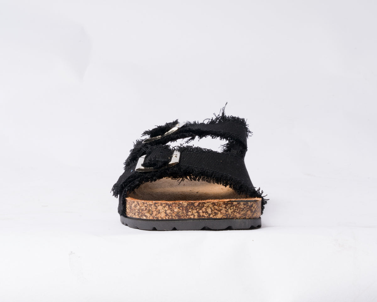 Sandalo con doppia fibbia regolabile in tessuto jeans - Nero