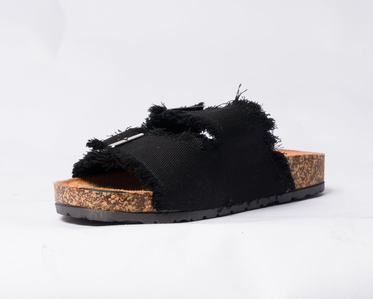 Sandalo con doppia fibbia regolabile in tessuto jeans - Nero