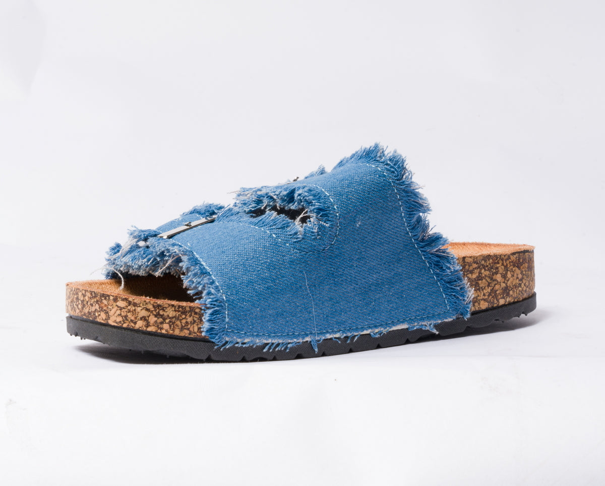 Sandalo con doppia fibbia regolabile in tessuto jeans - Azzurro