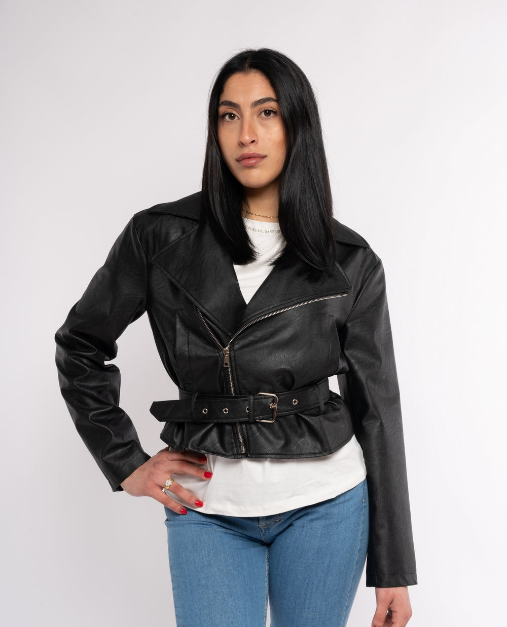 Giubbottino da donna PLEASE made in italy ecopelle modello chiodo nero